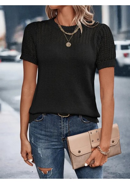Kadın Kısa Kollu Yaka Detay Triko Bluz fırsatları
