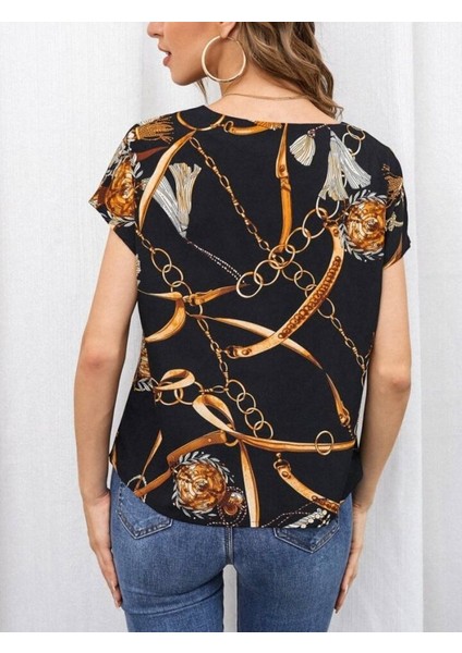 Kadın Moskrep Kumaş Çentik Yaka Zincir Desen Baskılı Bluz fırsatları