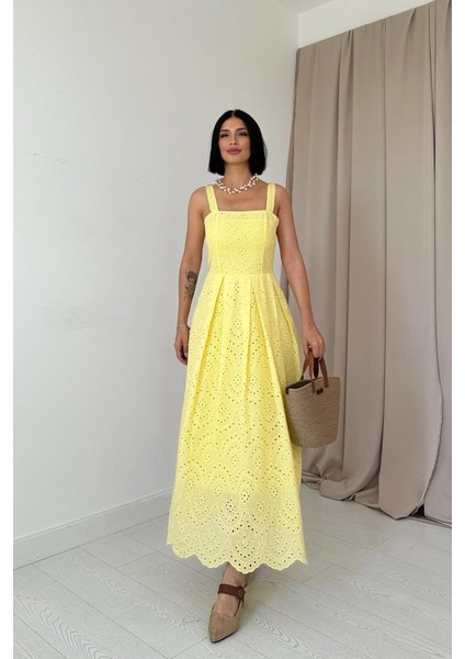Sarı Askılı Aparatlı Brode Elbise