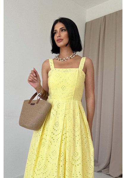 Sarı Askılı Aparatlı Brode Elbise fiyatları