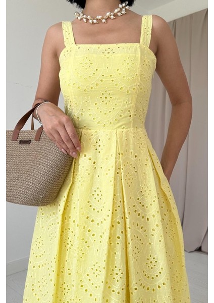 Sarı Askılı Aparatlı Brode Elbise modelleri