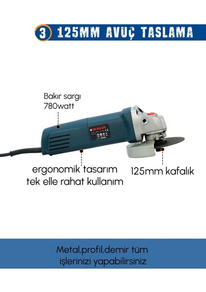 Elektrikli 3 Lü Set 13MM Darbeli Vidalama + Kırıcı Delici Matkap + 125 mm Avuç Taşlama EEA340 fırsatları