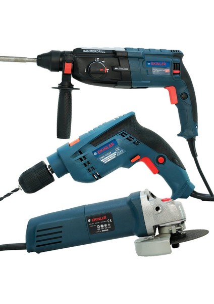 Elektrikli 3 Lü Set 13MM Darbeli Vidalama + Kırıcı Delici Matkap + 125 mm Avuç Taşlama EEA340