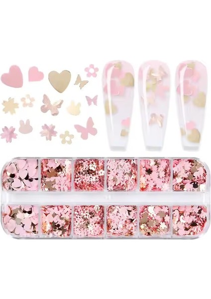 Pembe ve Gold Tırnak Süsleme Folyo Pulları Karışık Dizayn Kelebek Kalp Tavşan Çiçek Nail Art