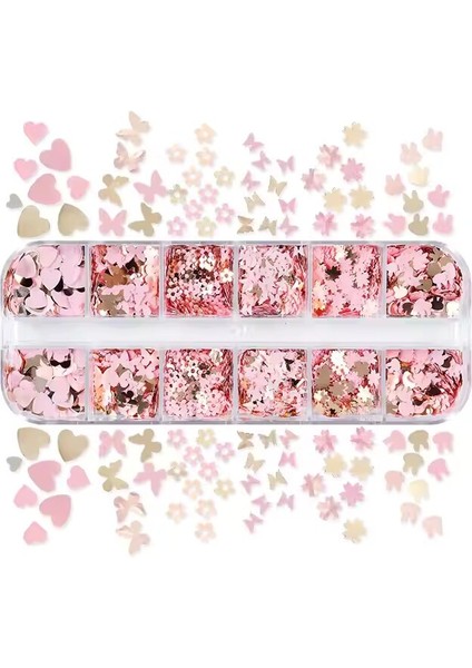 Pembe ve Gold Tırnak Süsleme Folyo Pulları Karışık Dizayn Kelebek Kalp Tavşan Çiçek Nail Art fırsatları