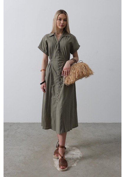 Önü Düğmeli Kısa Kol Elbise - Haki modelleri