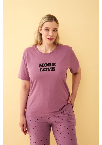 Akbeniz Kadın Mürdüm More Love Yazılı Büyük Beden Pijama Takımı modelleri