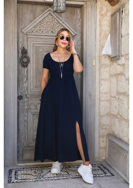 Kadın Kısa Kollu Yuvarlak Yaka Önden Yırtmaçlı Cepli Viskon Uzun Elbise