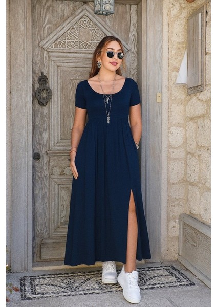 Kadın Kısa Kollu Yuvarlak Yaka Önden Yırtmaçlı Cepli Viskon Uzun Elbise fiyatları