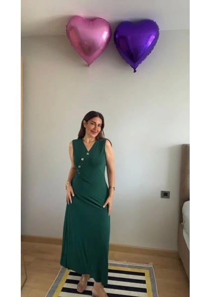 Kadın Kruvaze Yaka Düğme Detay Maxi Boy Elbise fiyatları