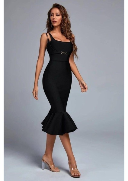 Kadın Omuz Askılı Sırt Dekolteli Interlok Kumaş Midi Kalem Elbise fırsatları