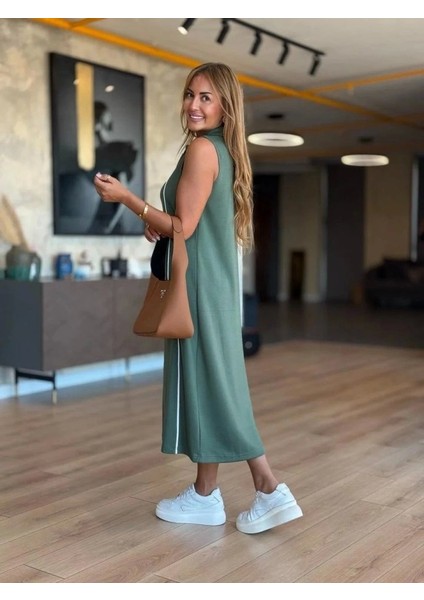 Kadın Modal Kumaş Şerit Detaylı Fermuarlı Midi Elbise modelleri