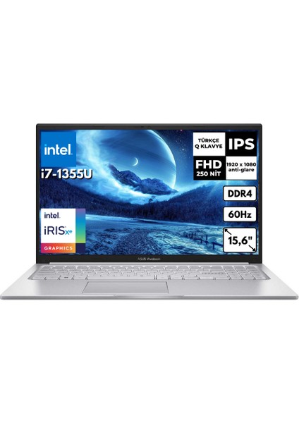 Vivobook 15 I7-1355U 8 GB 256 GB SSD Iris Xe Graphics 15.6" Fhd Windows 11 Home Taşınabilir Bilgisayar X1504VA-NJ412AT21