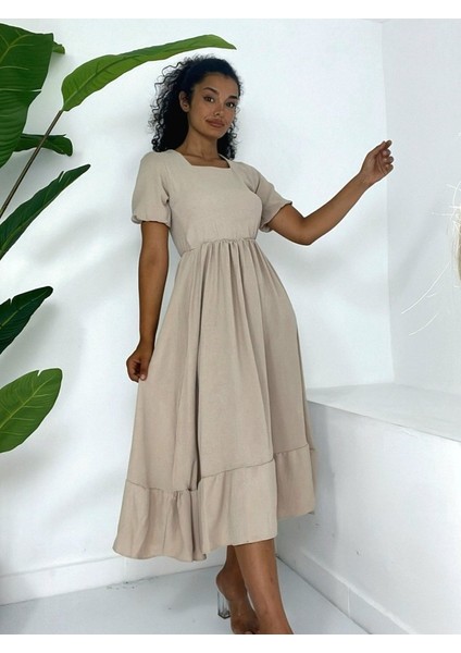 Kare Yaka Beli Lastikli Kısa Kol Ayrobin Elbise -Vizon fiyatları