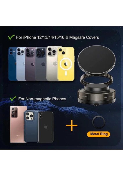 Metalik Magsafe Telefon Tutucu Tüm Yüzeylerle Uyumlu Vakumlu 360 Dönen Oynar Başlık modelleri