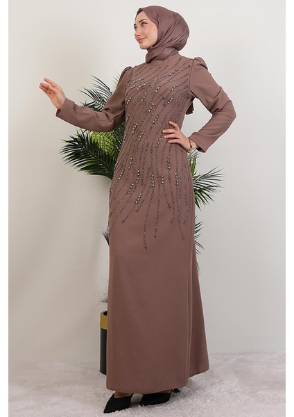 Seher Taşlı Elbise Gül Kahve