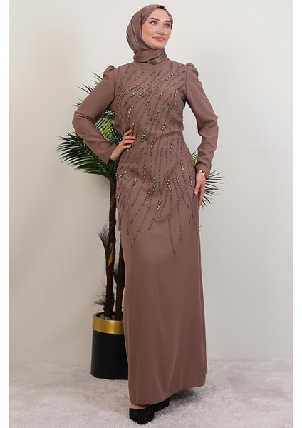 Seher Taşlı Elbise Gül Kahve modelleri