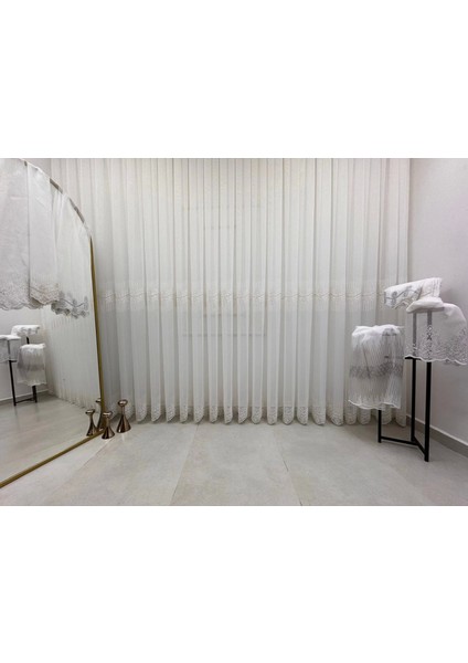 Nivemeshome Altın Dokulu DSN:2503 V-117 Premium Nakışlı 1/3 Sık Pileli Tül Perde Apm