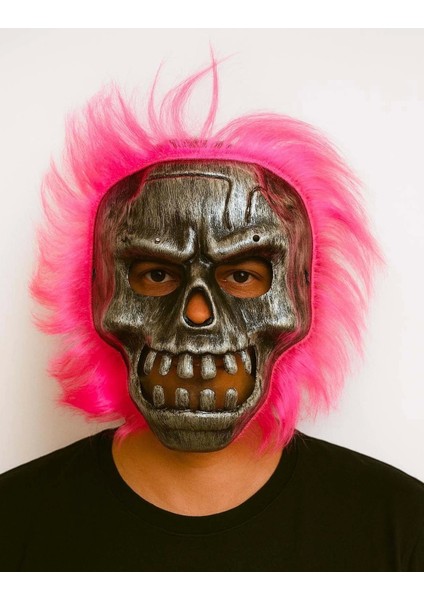 - Gümüş Kafatası Pembe Saçlı Iskelet Maske