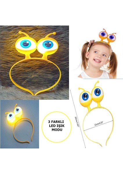 LED Işıklı Pilli 3 Farklı Modda Yanan Uzaylı Göz Parti Tacı Sarı Renk 18X12 cm