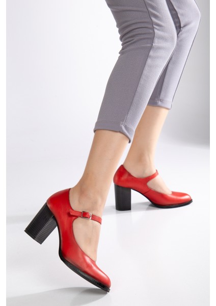 Kadın Hakiki Deri Bantlı Topuklu Ayakkabı Kırmızı fiyatları