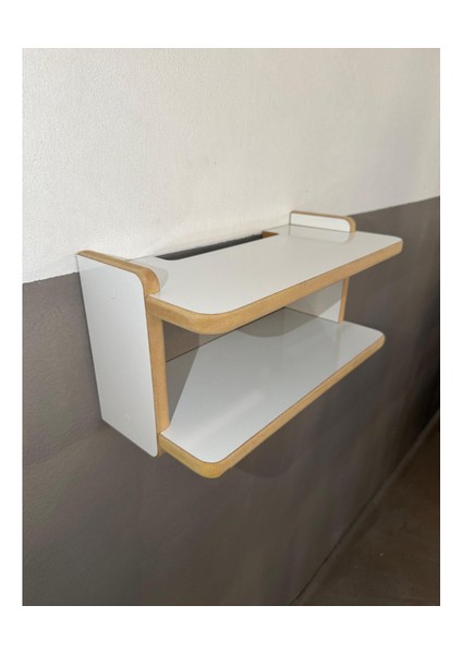 Beyaz Dekoratif Ikili Raf, Aksesuar Rafı, Iki Bölmeli Modem Rafı