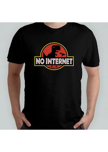 No Internet Chrome Jurassic Park %100 Pamuklu Bisiklet Yaka T-Shirt Model 1