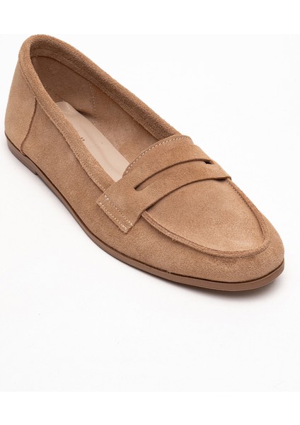 F02 Koyu Bej Süet Hakiki Deri Kadın Babet modelleri