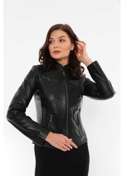 Kadın Hakiki Deri Siyah CEKET-B2327