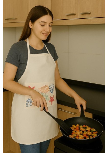 Deniz Temalı Cepli Mutfak Önlüğü Pamuk Kumaş, Yumuşak ve Hafif Yapı