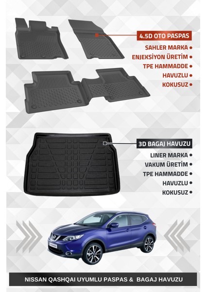 Nıssan Qashqai Visia 2014-2021 Uyumlu 4.5d Premium Havuzlu Oto Paspas ve Liner Marka 3D Bagaj Havuzu