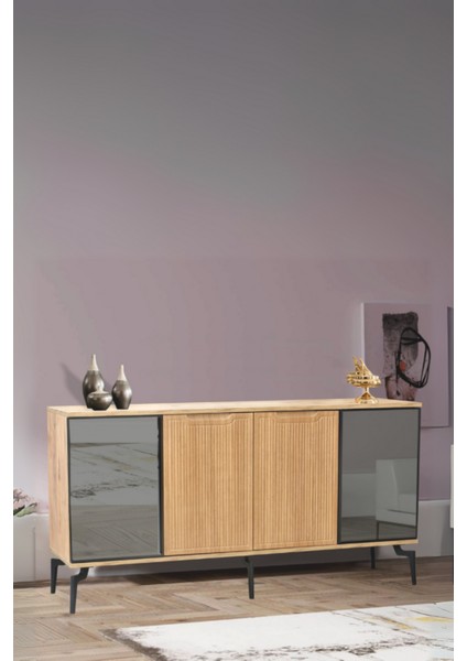 Viva Camlı Konsol Atlantik Çam Aynalı 4 Kapaklı Raflı 160x80x43,5 Cm