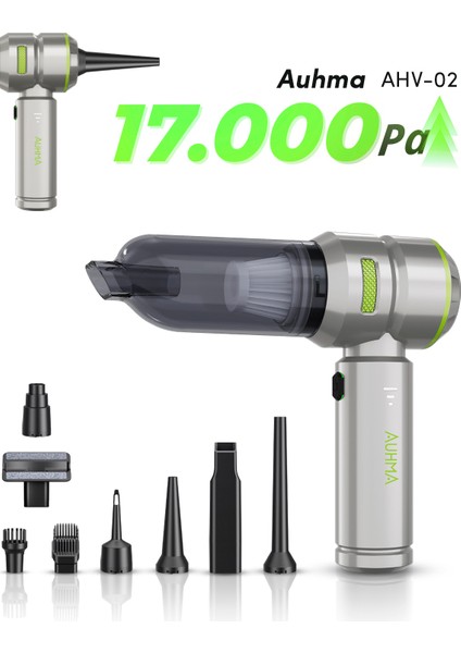 Ahv-02 Kablosuz Araç Içi Süpürge Yeşil | 17000PA Güçlü Vakum | Fırçasız Motor | Üfleme & Vakum Özellikli | 9 Başlık + Type-C Kablo