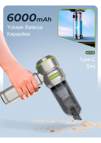 Ahv-02 Kablosuz Araç Içi Süpürge Yeşil | 17000PA Güçlü Vakum | Fırçasız Motor | Üfleme & Vakum Özellikli | 9 Başlık + Type-C Kablo modelleri