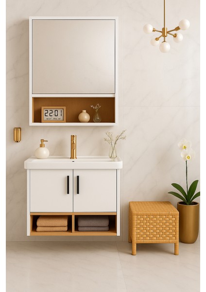 Legna 65 cm Banyo Dolabı Takımı – Beyaz & Ahşap – Mdf – Seramik Lavabolu – Alt ve Üst Dolap