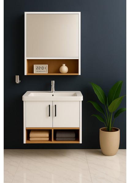 Legna 65 cm Banyo Dolabı Takımı – Beyaz & Ahşap – Mdf – Seramik Lavabolu – Alt ve Üst Dolap
