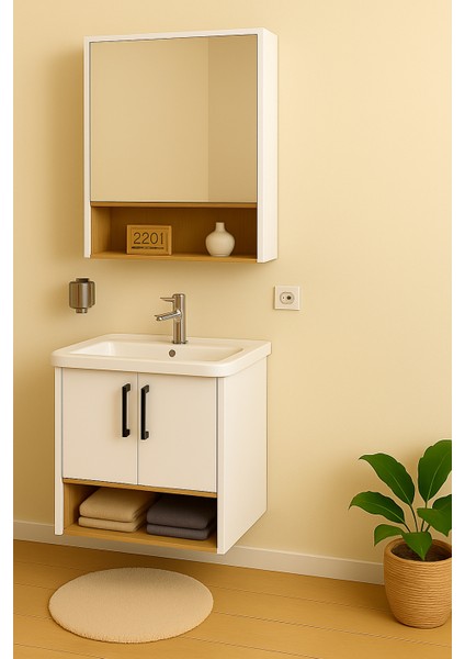 Legna 65 cm Banyo Dolabı Takımı – Beyaz & Ahşap – Mdf – Seramik Lavabolu – Alt ve Üst Dolap