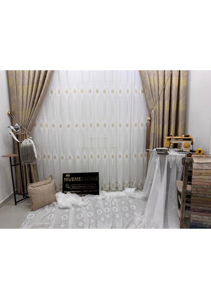 Nivemeshome Süzene 1950 Gold Detaylı 1/3 Sık Pileli Tül Perde Apm