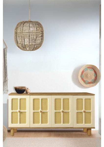 Hasırlı Atlantik Çam Krem Rustik Konsol 4 Kapaklı Doğal Hasır Desenli 160x43.5x80 Cm