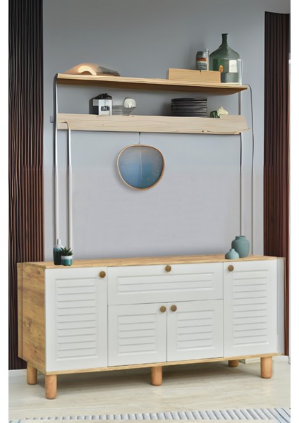 Helena Konsol Atlantik Çam Beyaz 4 Kapaklı 1 Çekmeceli Ahşap Detaylı 160x80x44 Cm