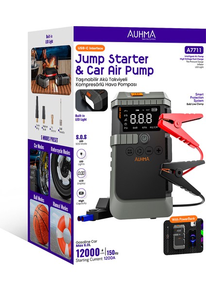 A7711 Jump Starter / Akü Takviye Cihazı | 4'ü 1 Arada Powerbank, Hava Kompresörü, LCD Ekran, 12.000MAH 150PSI