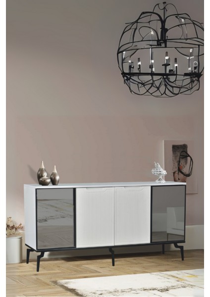 Viva Camlı Konsol Beyaz Aynalı 4 Kapaklı Raflı 160x80x43,5 Cm