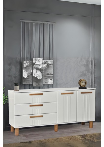Dia Konsol 2 Kapaklı 3 Çekmeceli Beyaz Krem 160x80x43,5 Cm