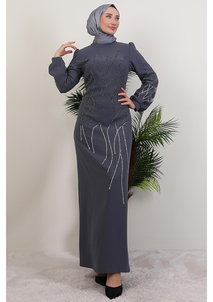 Yase Taşlı Elbise Koyu Gri