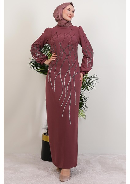 Yase Taşlı Elbise Gül Kurusu