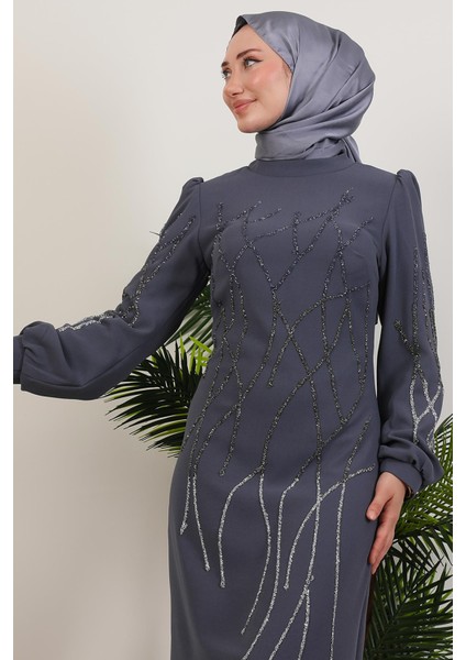 Yase Taşlı Elbise Koyu Gri indirimleri