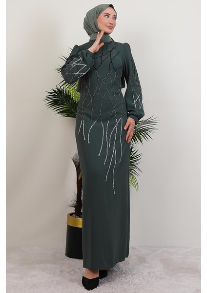 Yase Taşlı Elbise Koyu Mint