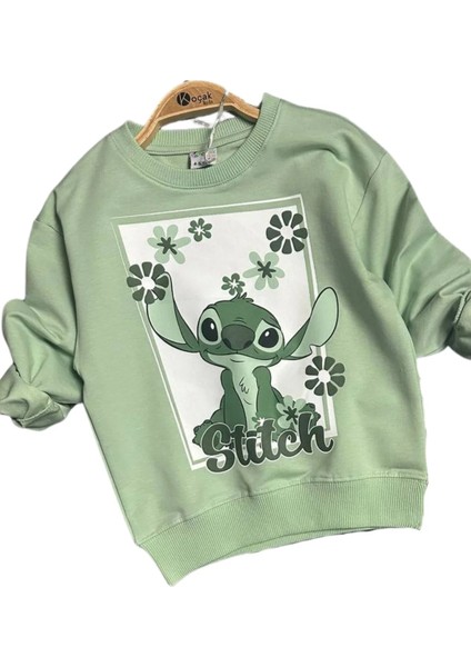 Stitch Baskılı Kız Çocuk Uzun Kollu Iki Iplik Şardonlu Yeşil Sweatshirt