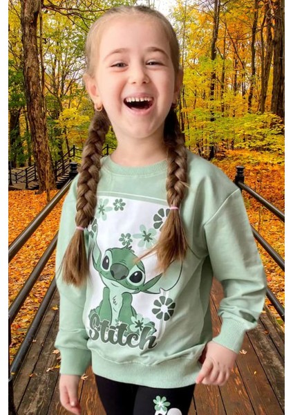 Stitch Baskılı Kız Çocuk Uzun Kollu Iki Iplik Şardonlu Yeşil Sweatshirt fiyatları