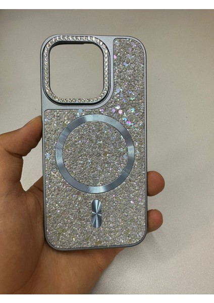 Apple iPhone 13 Pro Kılıf Simli Taşlı Magsafe Kablosuz Şarj Özellikli Mozaik Parlayan Kılıf